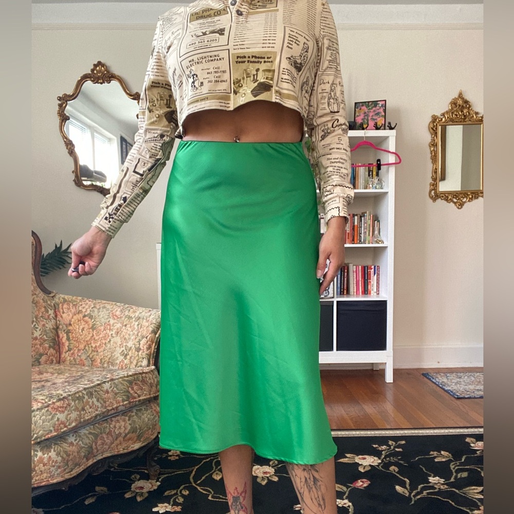 Sweet Baby Jamie Kelly Green Satin Midi Skirt